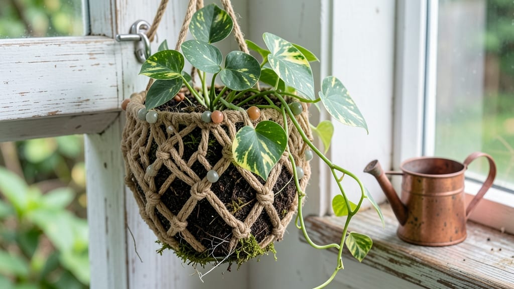 How to Make Hanging Plant Holder: Macramé Knots and Wooden Slat Design